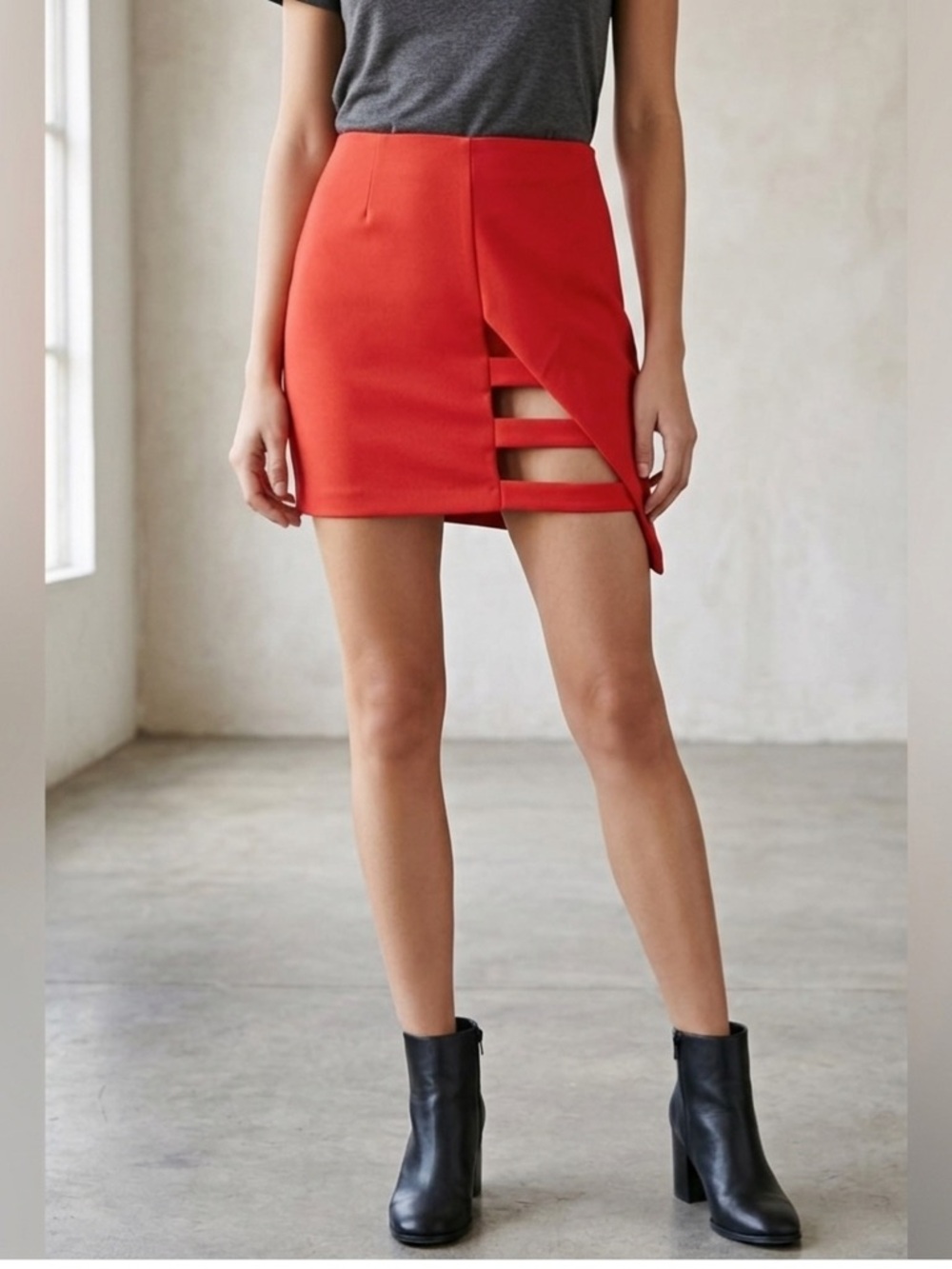 Forever 21 Asymmetrical Mini Skirt Ladder Cutouts One Leg Tight Orange Sexy Sm